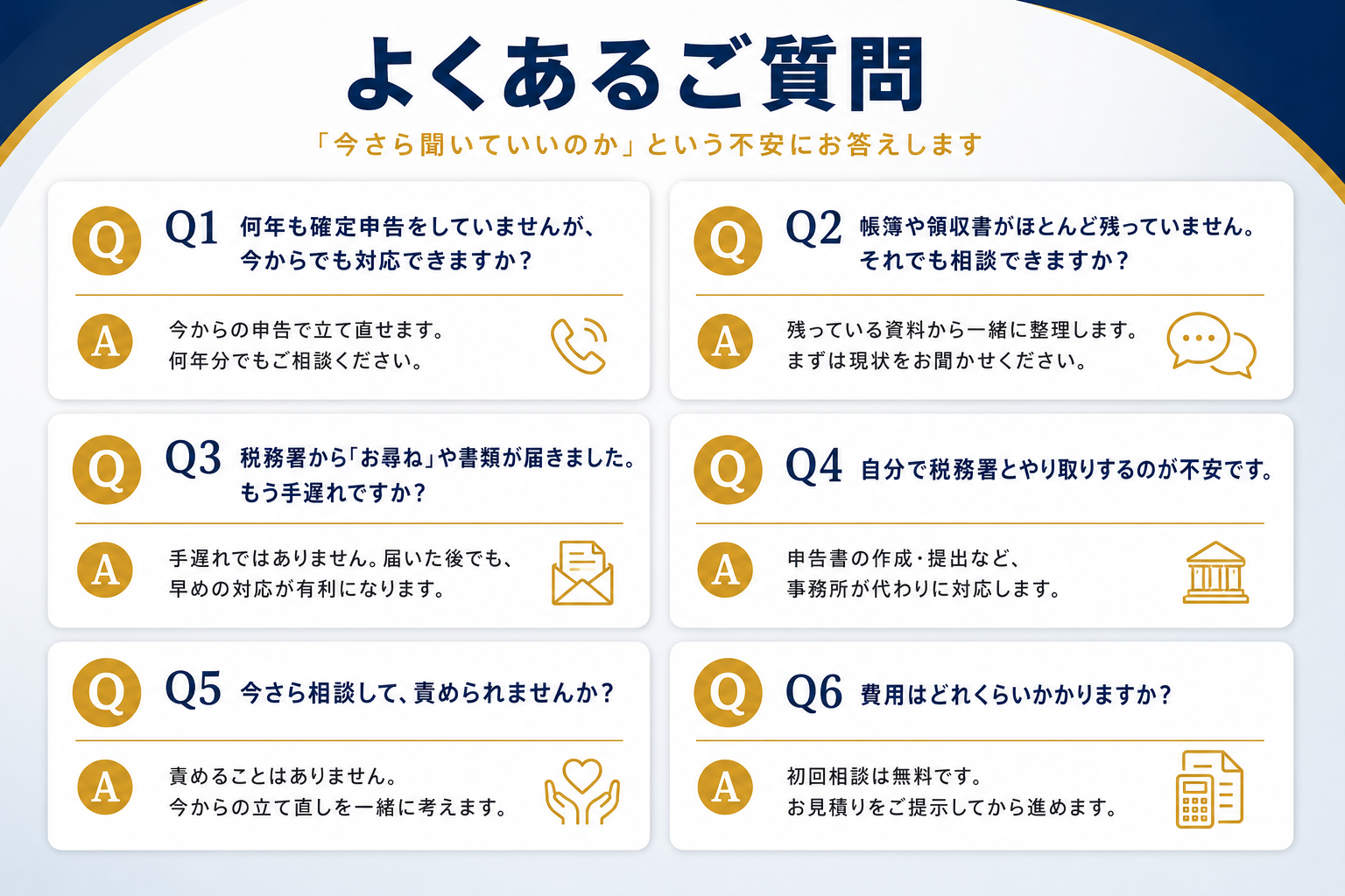 よくあるご質問。何年も確定申告をしていないが今からでも対応できるか、帳簿や領収書が残っていなくても相談できるか、税務署からお尋ねや書類が届いたがもう手遅れか、自分で税務署とやり取りするのが不安、今さら相談して責められないか、費用はどれくらいか