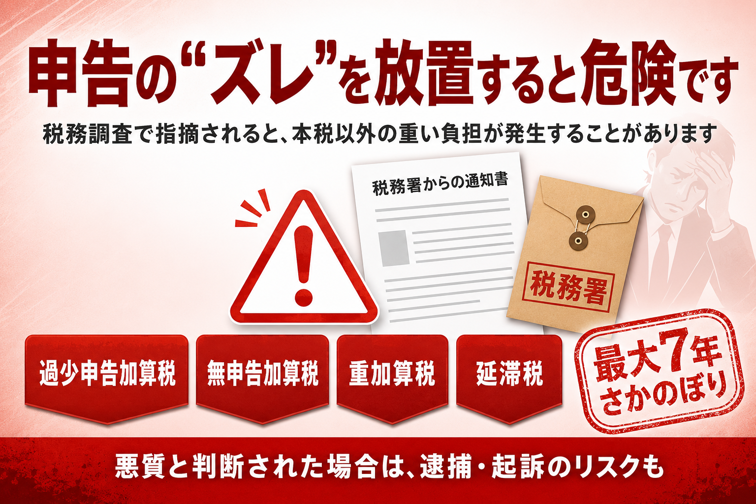申告の誤りを放置すると過少申告加算税・無申告加算税・重加算税・延滞税や最大7年さかのぼり、逮捕・起訴のリスクがあることを警告するバナー
