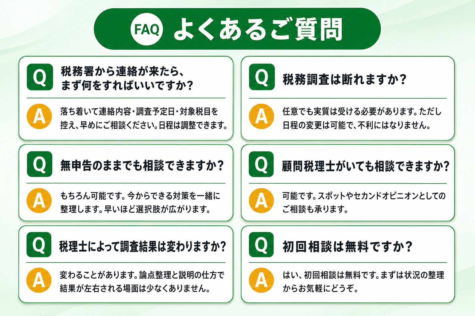 よくあるご質問。税務署から連絡が来たらまず何をすべきか、税務調査は断れるか、無申告でも相談できるか、顧問税理士がいても相談できるか、税理士によって調査結果は変わるか、初回相談は無料か
